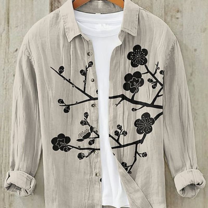 Men's cultural style button-up shirt. Long sleeve top featuring detailed vintage Japanese Great Wave art print.