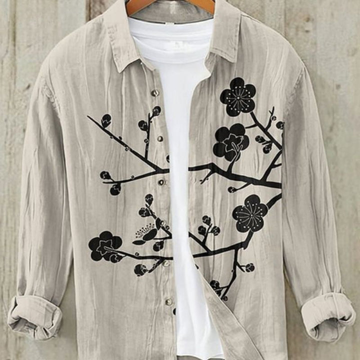 Men's cultural style button-up shirt. Long sleeve top featuring detailed vintage Japanese Great Wave art print.