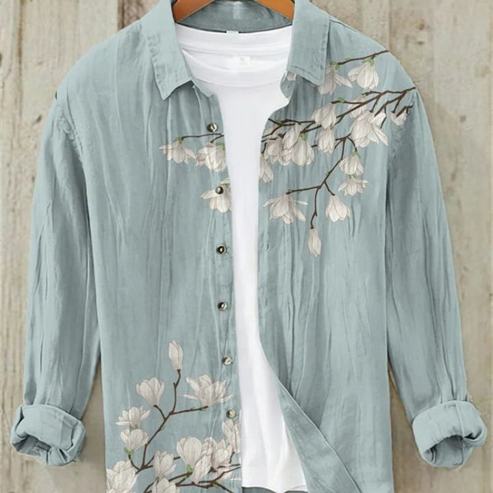 Great Wave Japanese art print on a men's vintage long sleeve button-up shirt, casual and unique design.