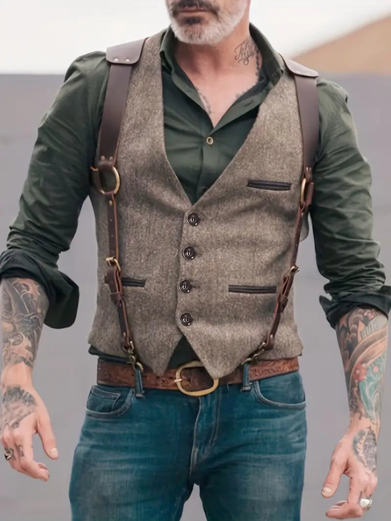 Men's vintage reversible V-neck vest in deep blue & plaid. Versatile smart casual layering for autumn & spring fashion.