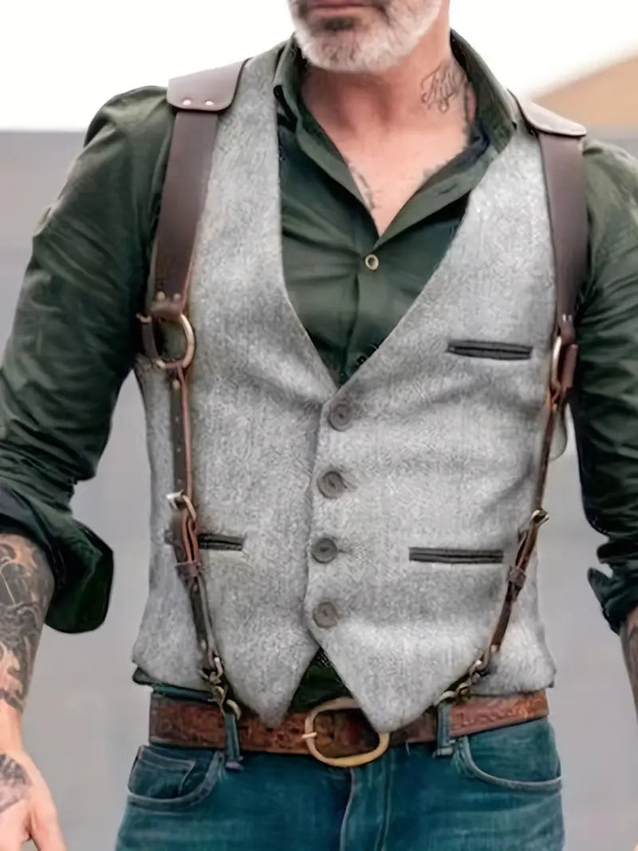 Versatile men's reversible V-neck vest, ideal for smart casual layering. A timeless gilet for spring & autumn fashion.