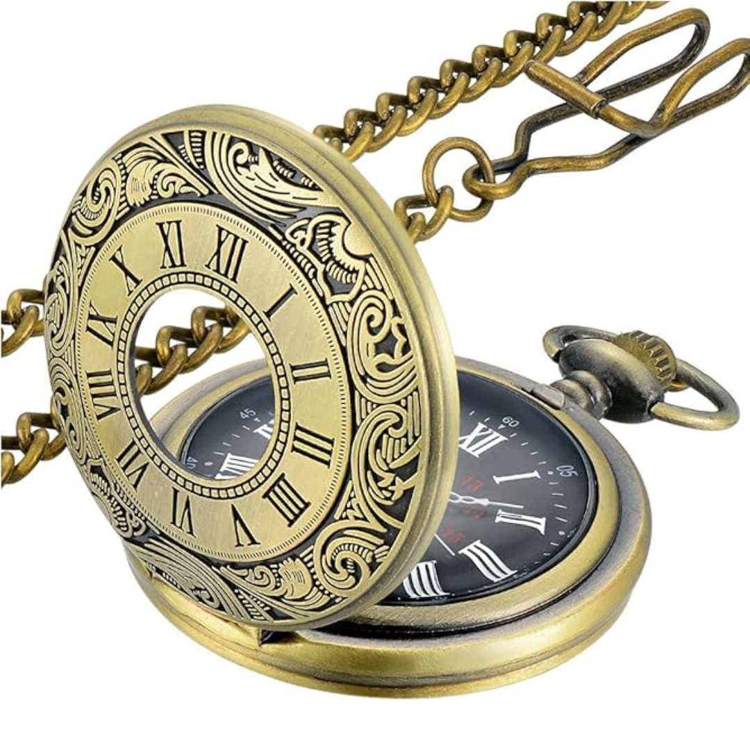 Men's vintage Roman numerals pocket watch with chain, quartz movement, classic antique style