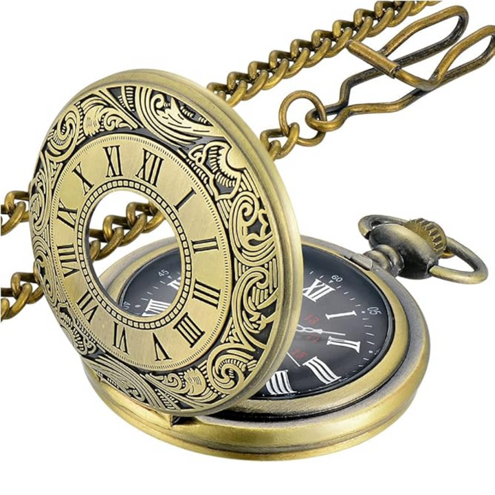 Men's vintage Roman numerals pocket watch with chain, quartz movement, classic antique style