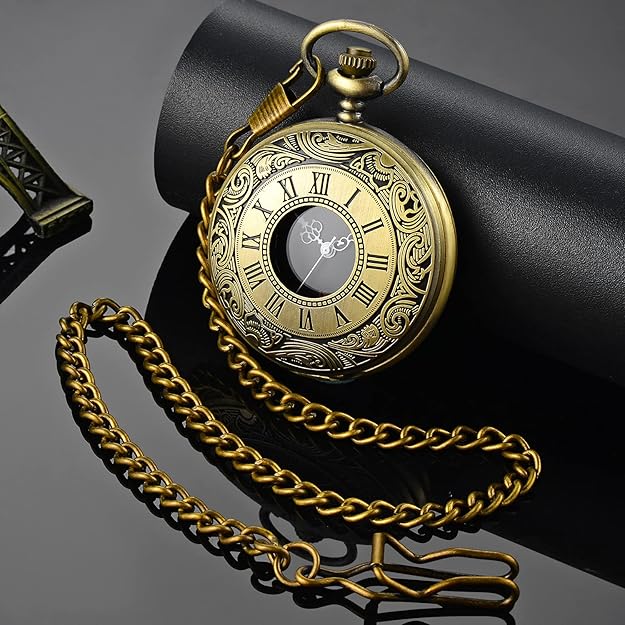 Front view of a men's classic pocket watch, highlighting its Roman numerals and vintage design