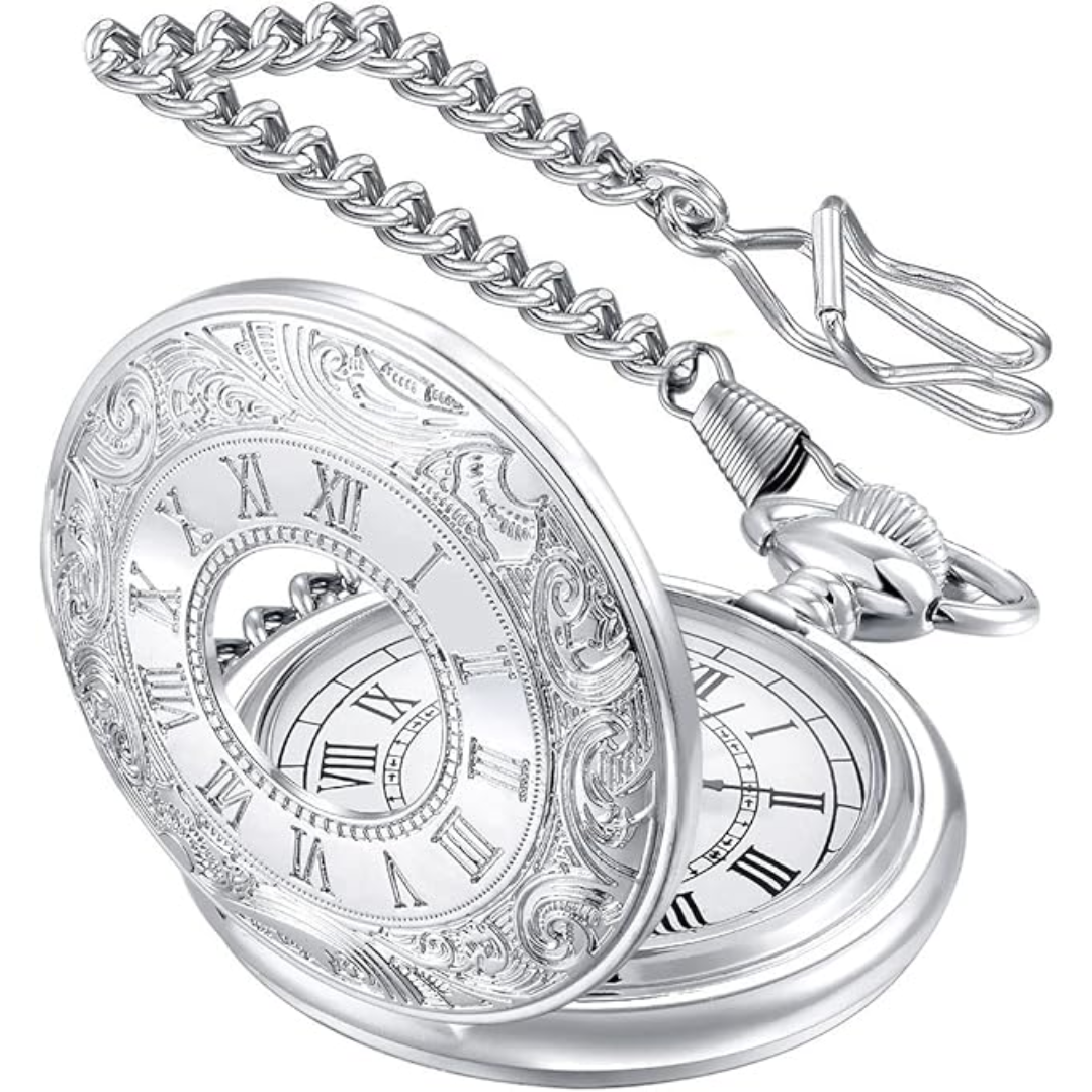 Quartz mens pocket watch with a striking Roman numerals display, a popular vintage accessory