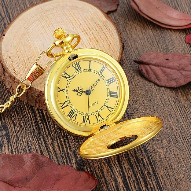 Detailed image of a mens pocket watch, showing intricate Roman numerals on the white face
