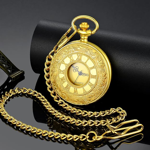 Mens antique style pocket watch, quartz movement for accurate timekeeping, with attached chain