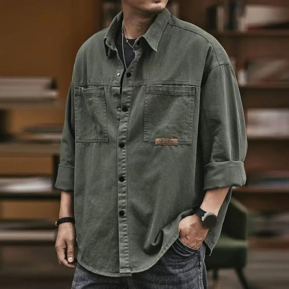 Comfortable cotton blend men's button-up shirt. Casual long sleeve, vintage style, perfect for everyday fashion.