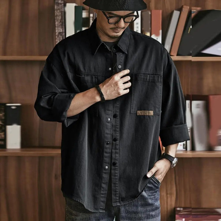 Classic men's long sleeve button-up shirt with vintage style. Casual cotton blend, relaxed fit for fashion.