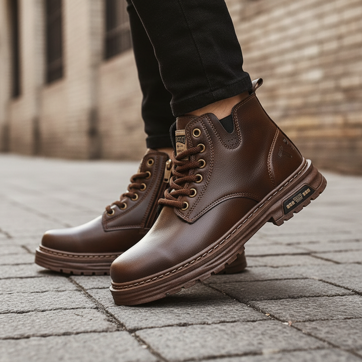 Men's vintage style lace-up boots, robust rubber sole, side zipper, autumn footwear.