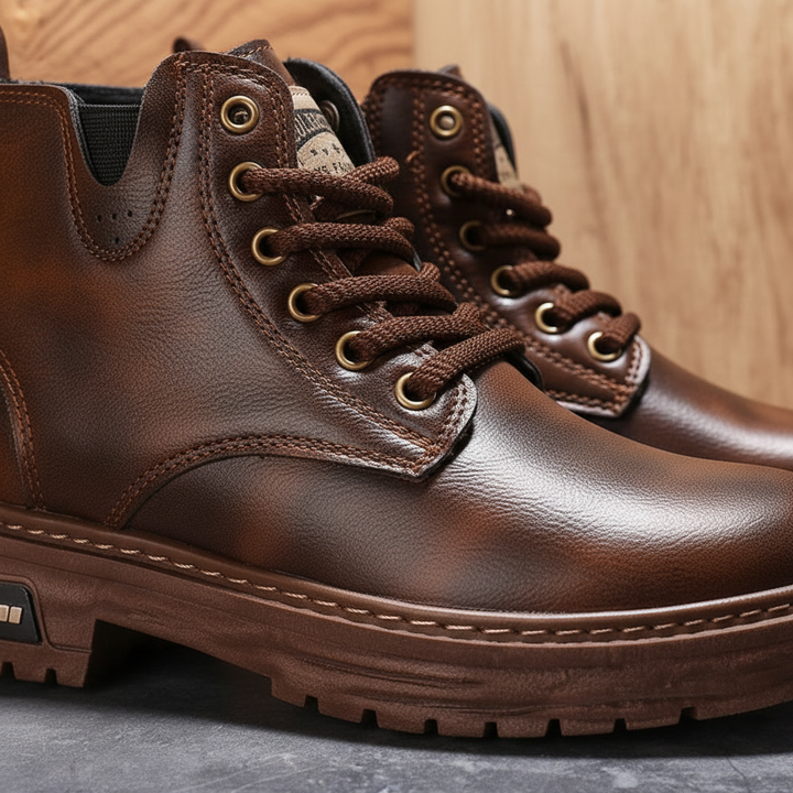 Close-up of men's vintage lace-up boots, side zipper detail, rugged rubber sole.