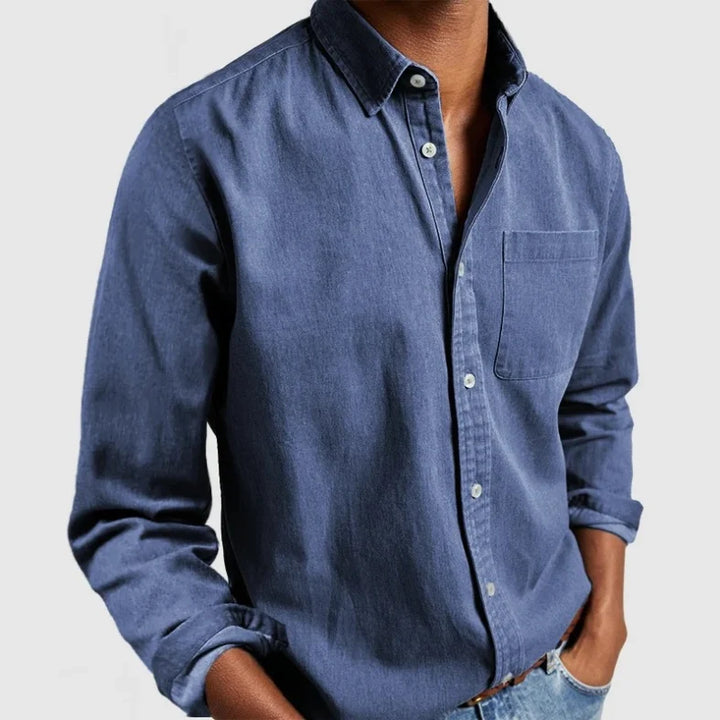 Classic men's long sleeve button-up shirt with vintage style, suitable for casual outings and layering.