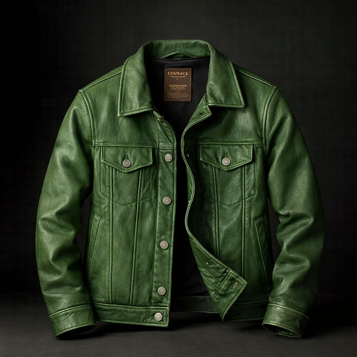 Men's vintage style trucker jacket, classic denim outerwear with snap buttons.
