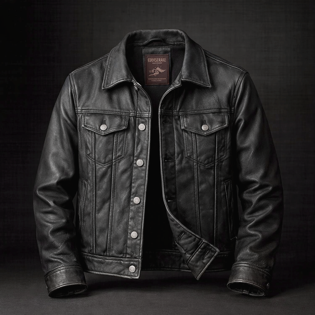 Stylish men's vintage trucker jacket, snap button closure & timeless design for everyday wear.