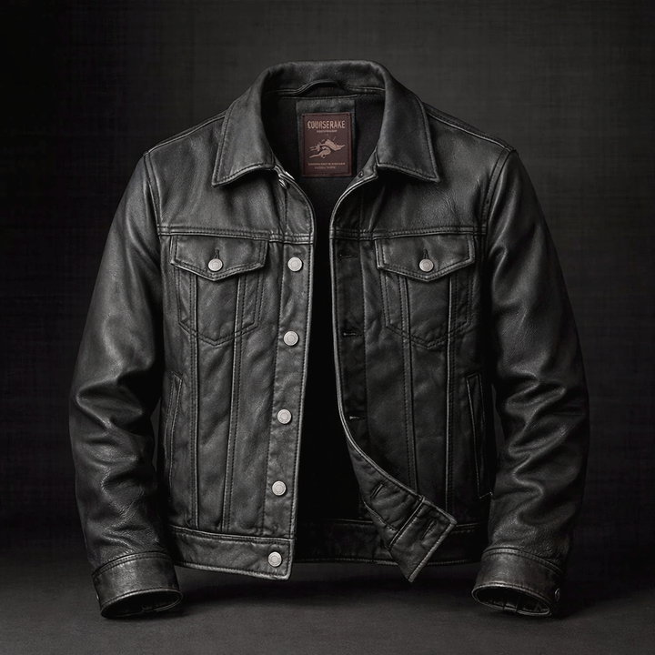 Stylish men's vintage trucker jacket, snap button closure & timeless design for everyday wear.