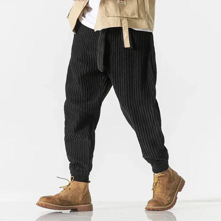 Men's relaxed fit vintage style jogger pants. Comfortable tapered design, available in khaki, black, or gray.