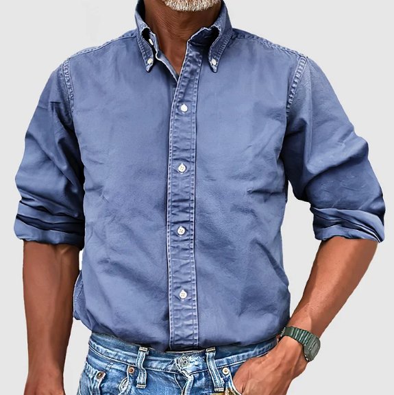 Versatile men's vintage wash button-down shirt. Long sleeve, relaxed fit for casual & business casual looks.