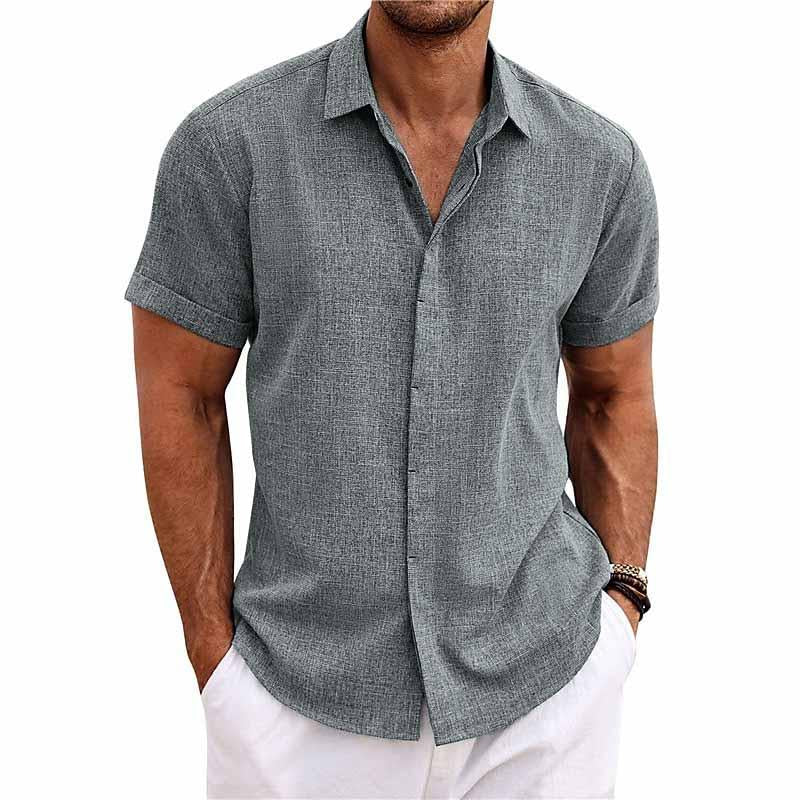 Man wearing Vintaro men's linen blend retro casual shirt in white, relaxed fit, summer style