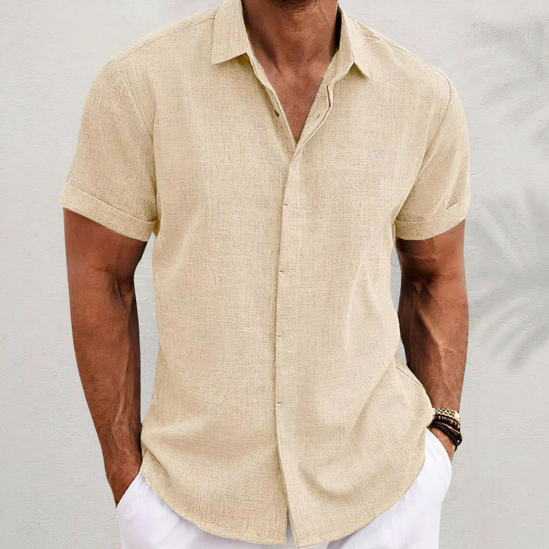 Stylish man in a green linen blend retro casual shirt enjoying a summer day, vintage apparel