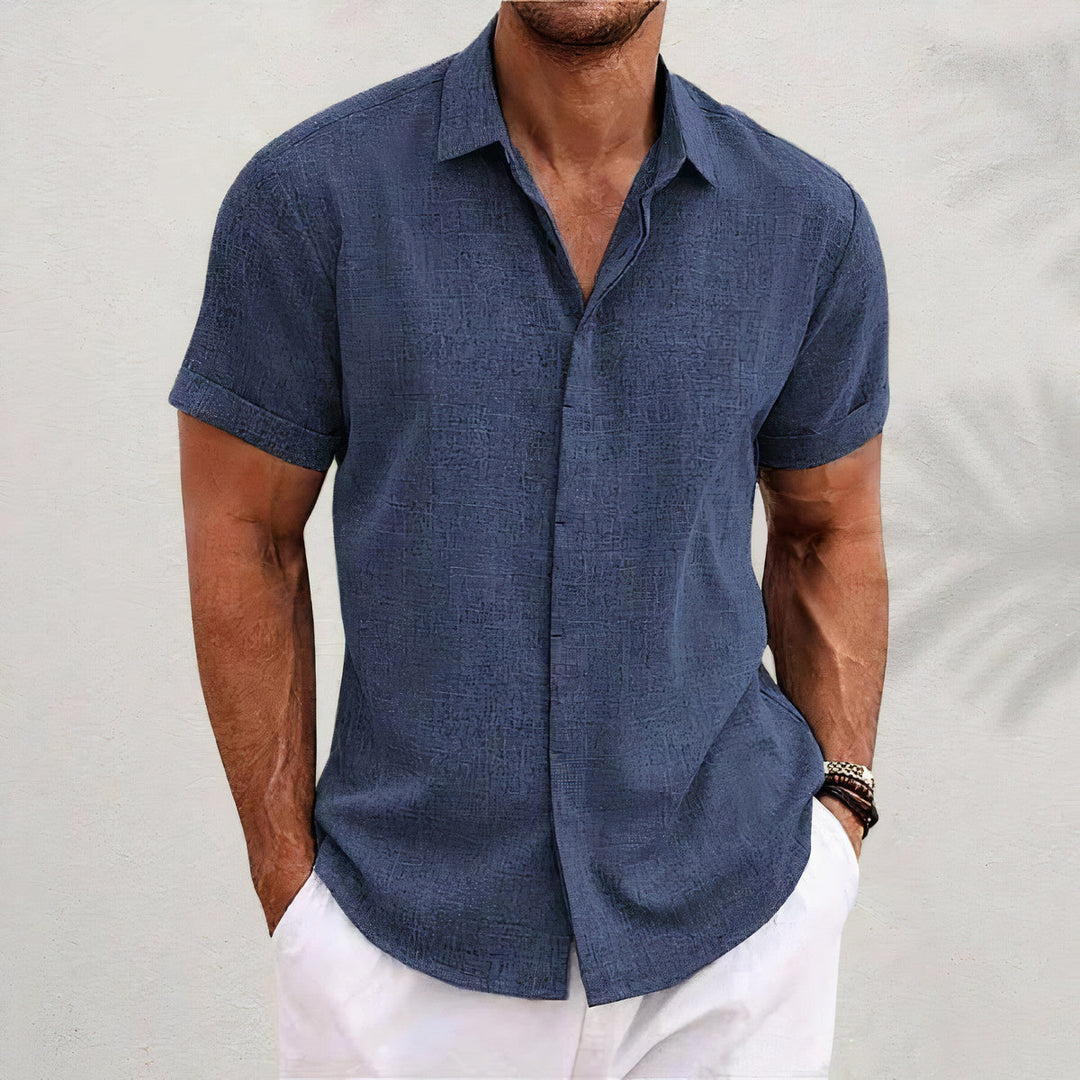 Detail of buttons on a men's linen blend retro casual shirt, emphasizing quality and retro style