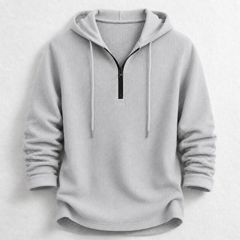 Men's waffle knit hooded henley shirt in breathable cotton, long sleeve, perfect for casual comfort.