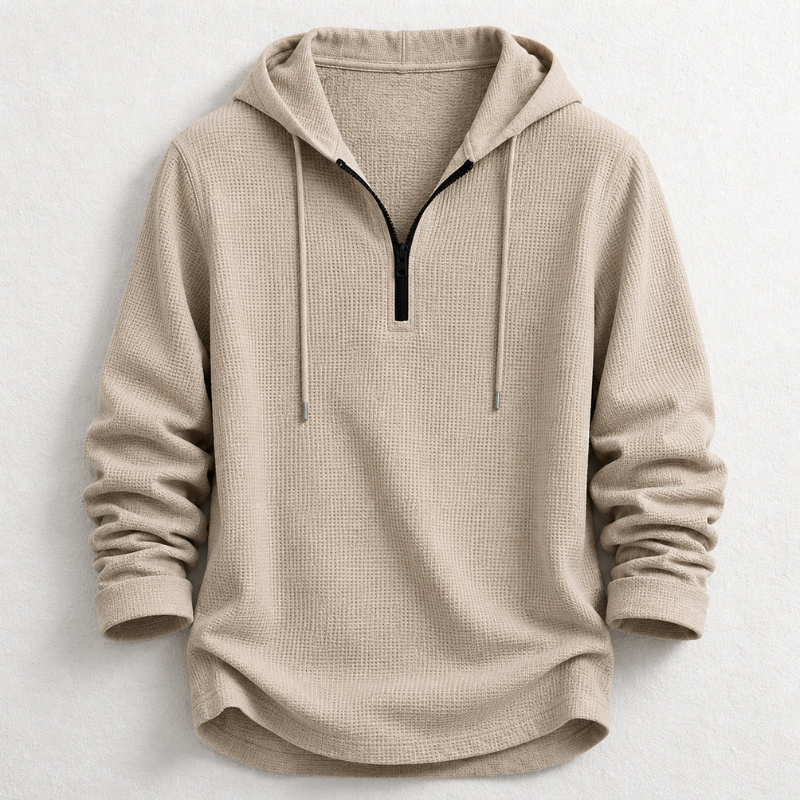 Casual men's long sleeve waffle knit hooded henley shirt with quarter zip, made from comfortable cotton.