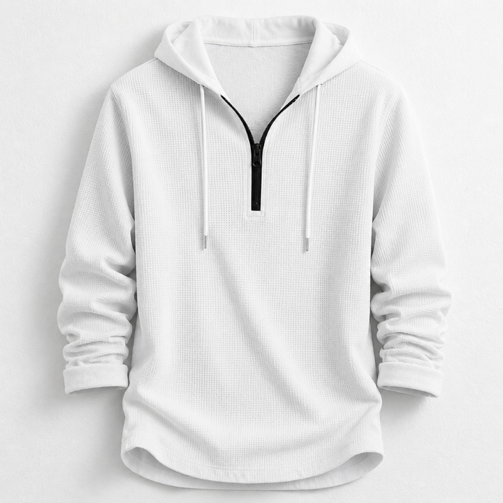 Comfortable men's waffle knit long sleeve henley shirt with a hood and quarter zip, ideal for everyday wear.