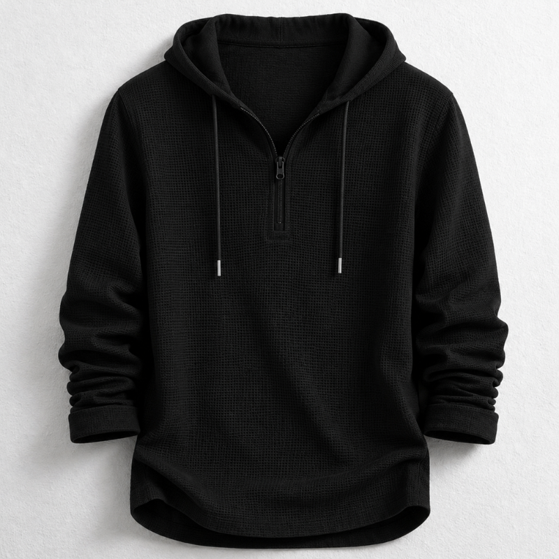 Breathable men's cotton waffle knit hooded henley shirt, long sleeve, versatile casual quarter zip top.