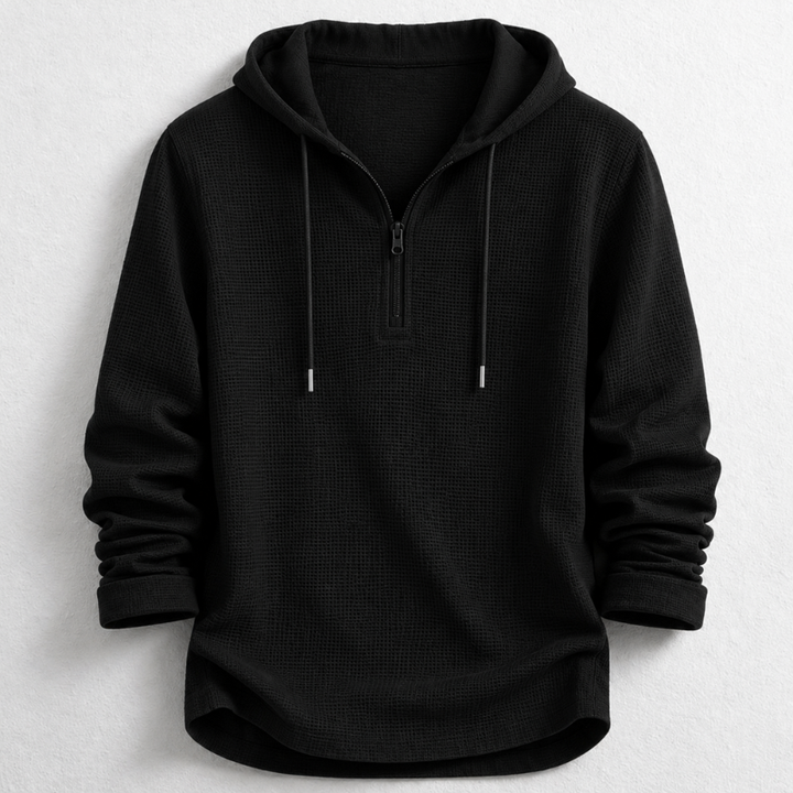 Breathable men's cotton waffle knit hooded henley shirt, long sleeve, versatile casual quarter zip top.