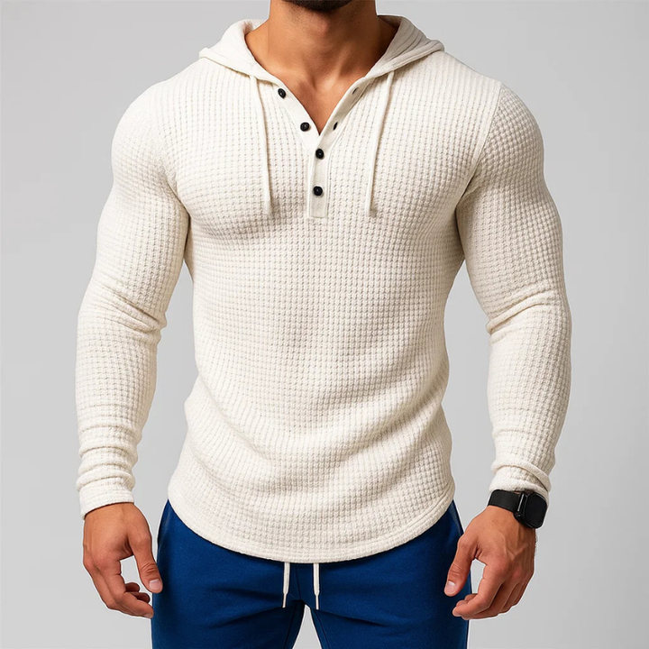 Men's breathable waffle knit hooded sweatshirt, offering relaxed fit and comfort for versatile casual styling.