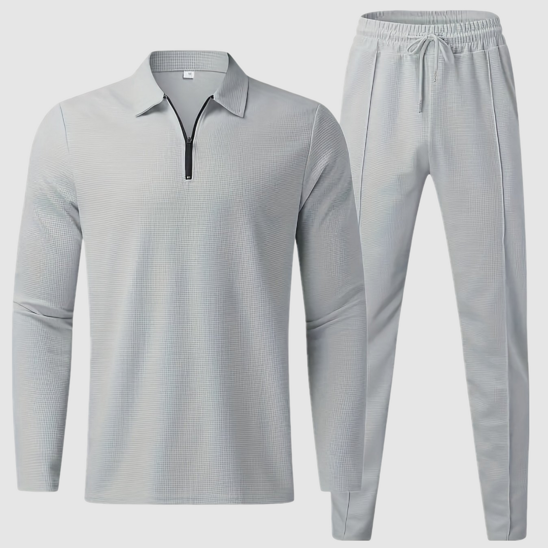 Close-up of the soft men's waffle knit fabric, showcasing the texture of this comfortable loungewear set.