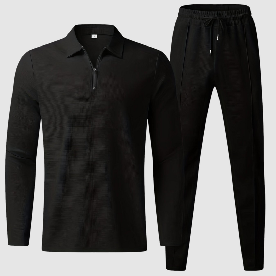 Stylish men's two-piece leisure set: waffle knit sweatshirt & matching joggers for casual wear.