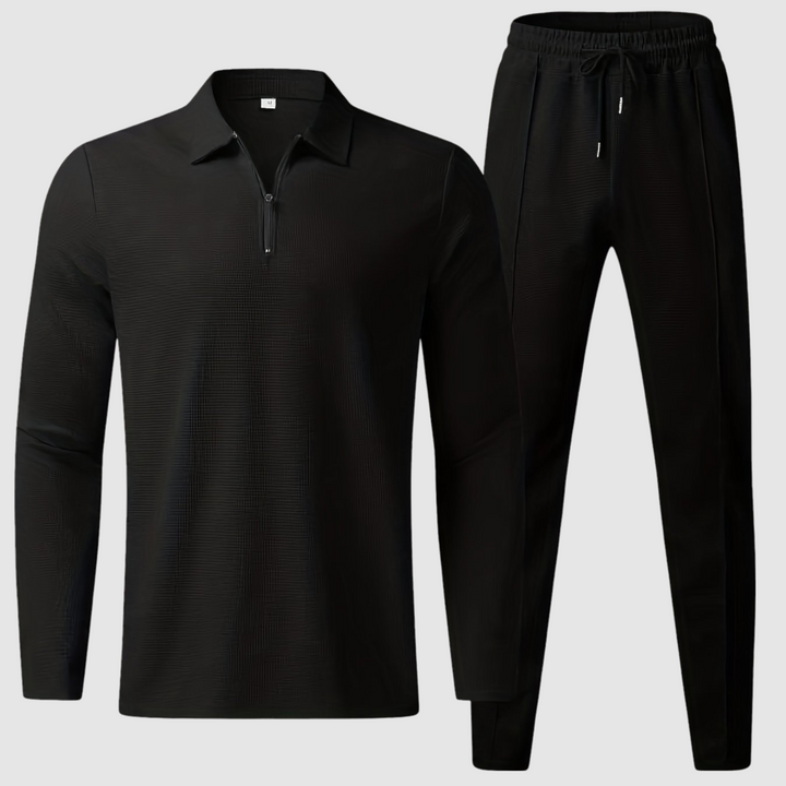 Stylish men's two-piece leisure set: waffle knit sweatshirt & matching joggers for casual wear.