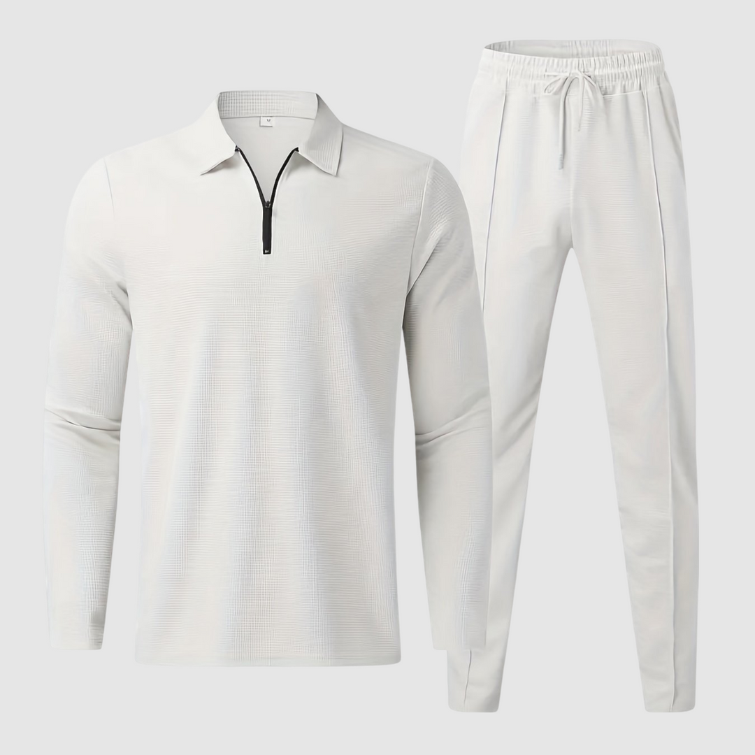Comfortable men's loungewear set with a waffle knit top and joggers, ideal for relaxing at home.