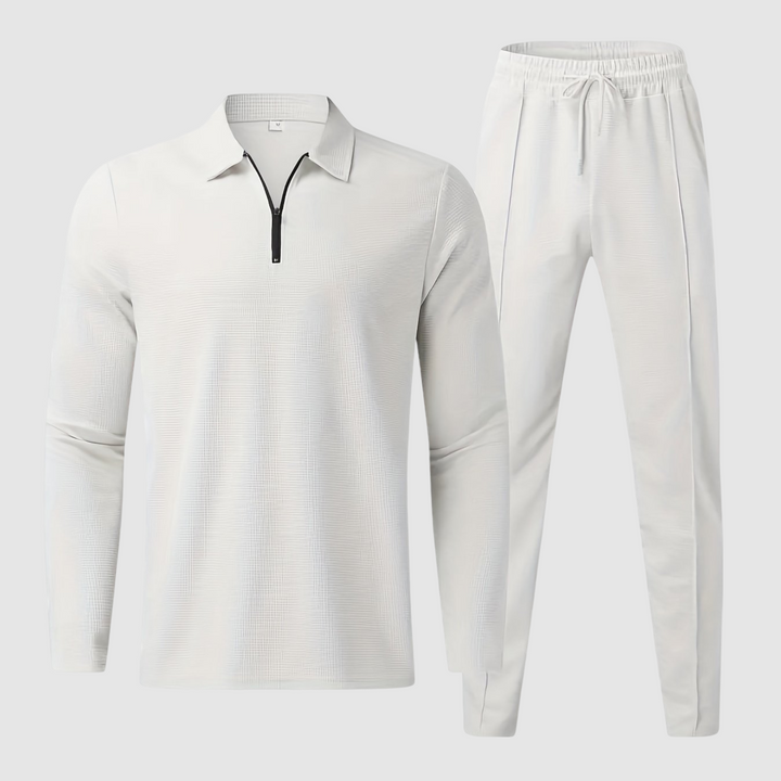 Comfortable men's loungewear set with a waffle knit top and joggers, ideal for relaxing at home.