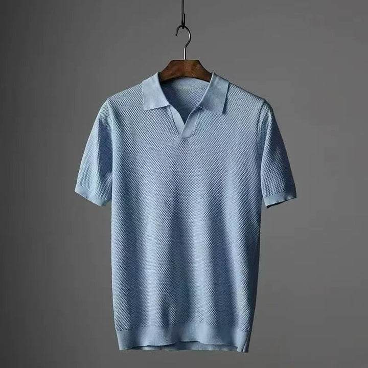 Men's stretch waffle knit polo, excellent for casual outfits and comfort.