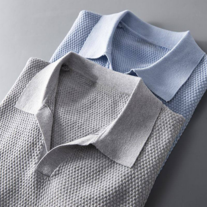 Modern men's waffle knit polo, tailored fit, durable for lasting style.