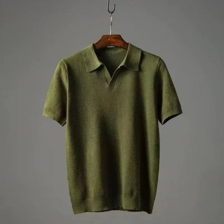 Stylish men's waffle knit polo, breathable stretch fabric for everyday wear.