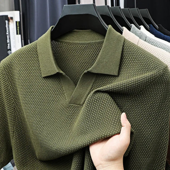 Tailored fit men's waffle knit polo, comfortable and stylish for any occasion.