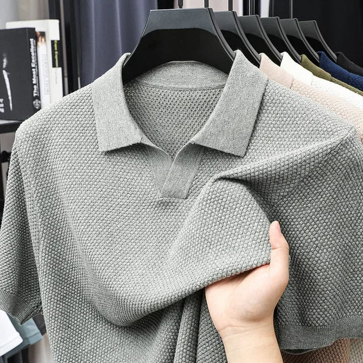 Men's fashion waffle knit polo shirt, tailored for a modern look.