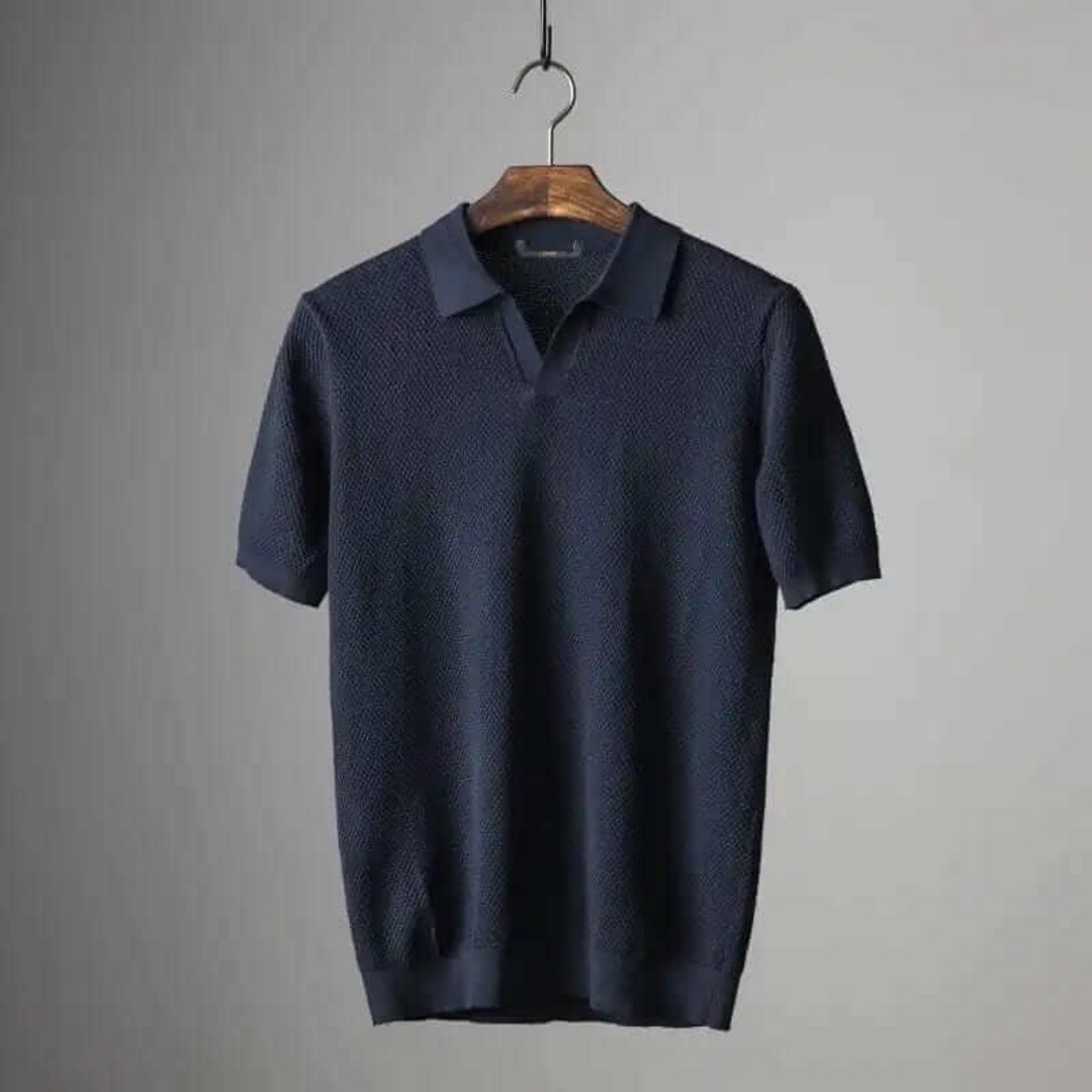 Casual men's polo with unique waffle knit texture, stretch fabric comfort.