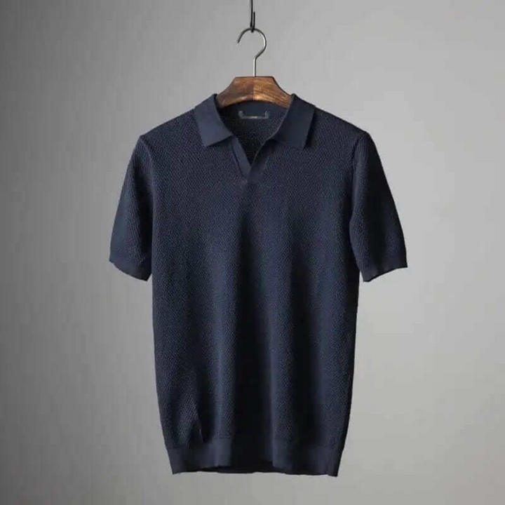 Casual men's polo with unique waffle knit texture, stretch fabric comfort.