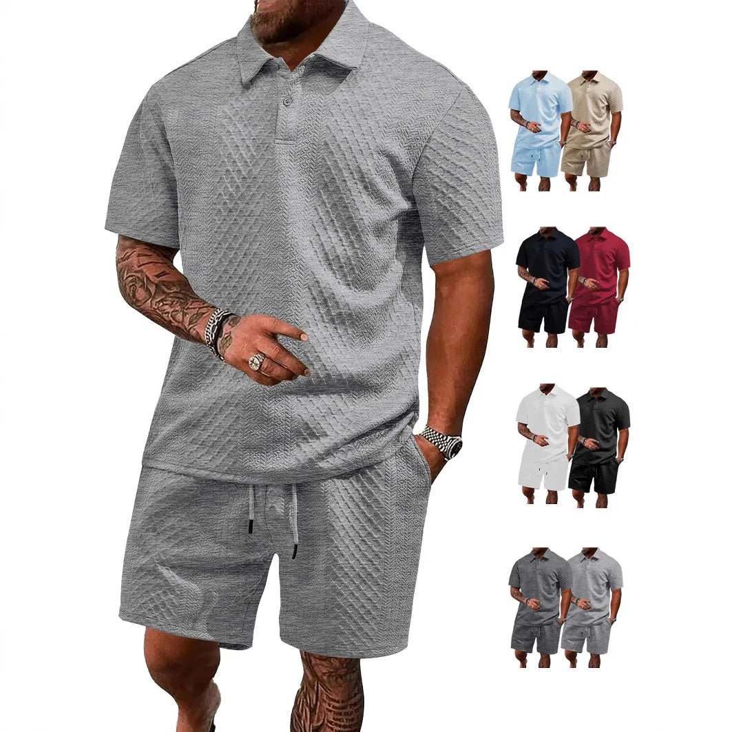 Comfortable men's breathable waffle knit polo & shorts set. Summer outfit perfect for daily casual wear.