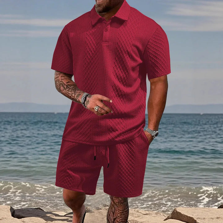 Men's two-piece waffle polo & shorts set. Breathable summer outfit for casual & sports activities.