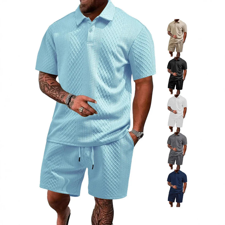 Men's waffle texture polo shirt & matching shorts set in breathable fabric for summer comfort & style.