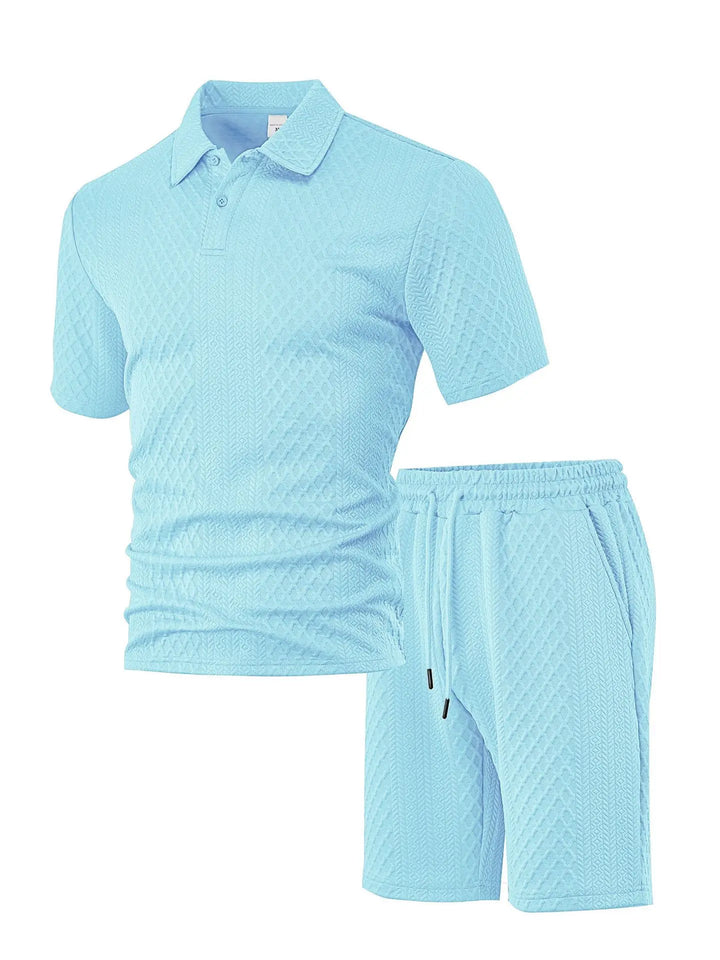 Comfortable men's breathable waffle sports suit. Polo shirt & shorts set for summer activewear apparel.