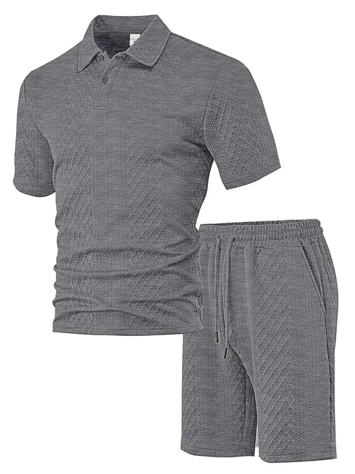 Men's waffle polo shirt, part of a breathable summer shorts set. Perfect for casual men's fashion.