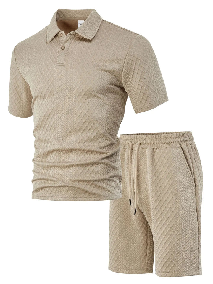 Men's waffle shorts, part of a comfortable two-piece sports suit. Breathable summer activewear outfit.