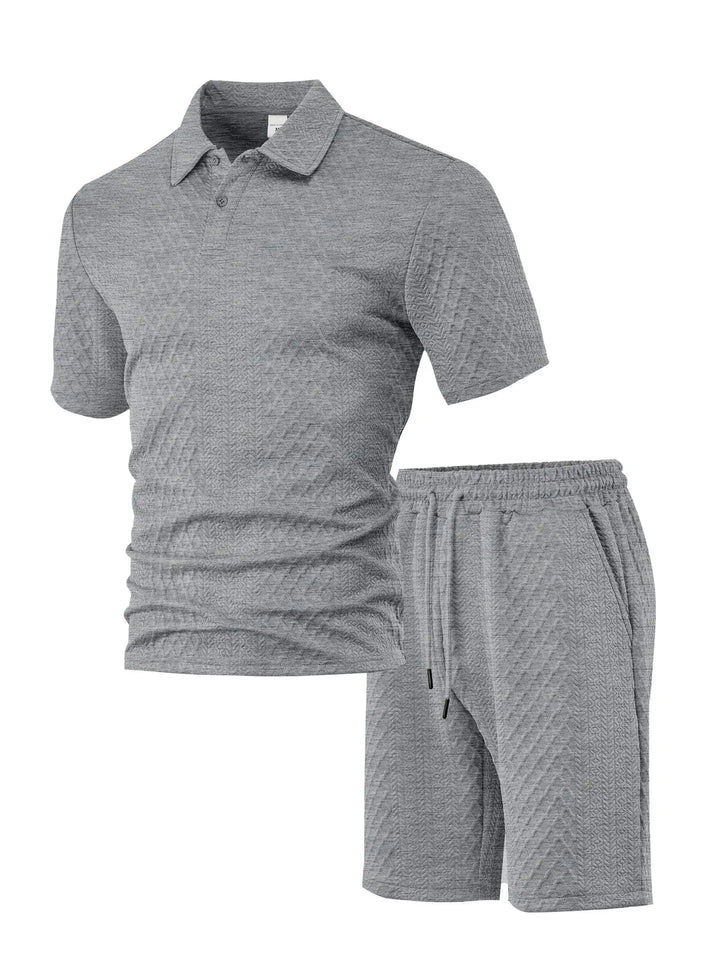 Men's summer waffle polo & shorts set. Breathable casual activewear. Trendy two-piece co-ord fashion.