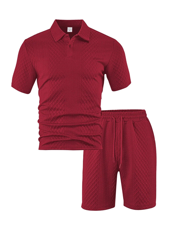 Men's sports suit with breathable waffle polo & shorts. Ideal for active summer fashion & comfort.